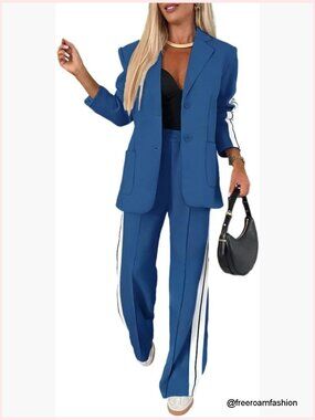 Two Piece Blazer and Pants Set with Pockets Business Casual Suit